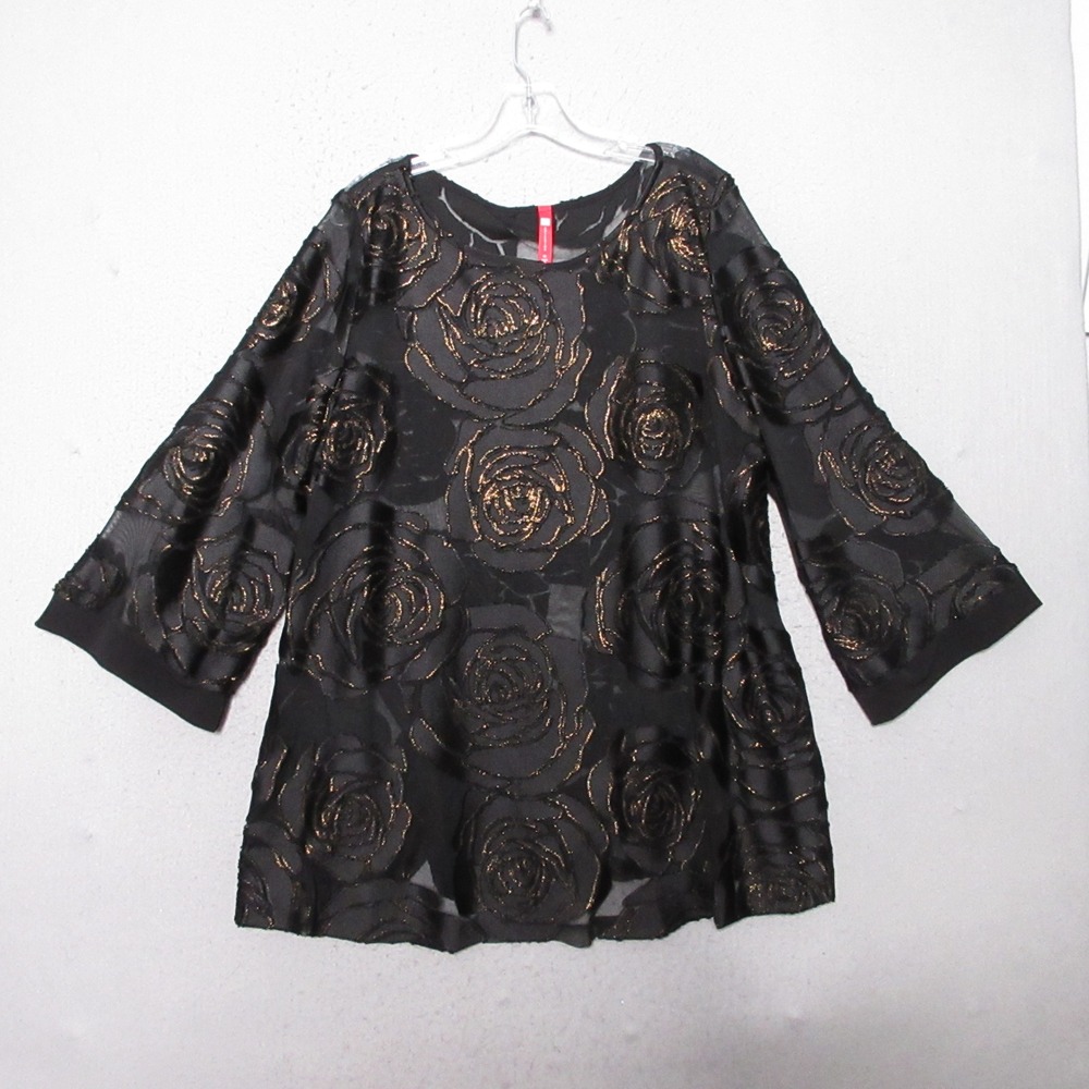 IC Collection Top XL Black Gold Rose Sheer Metallic Burnout Floral Evening Party